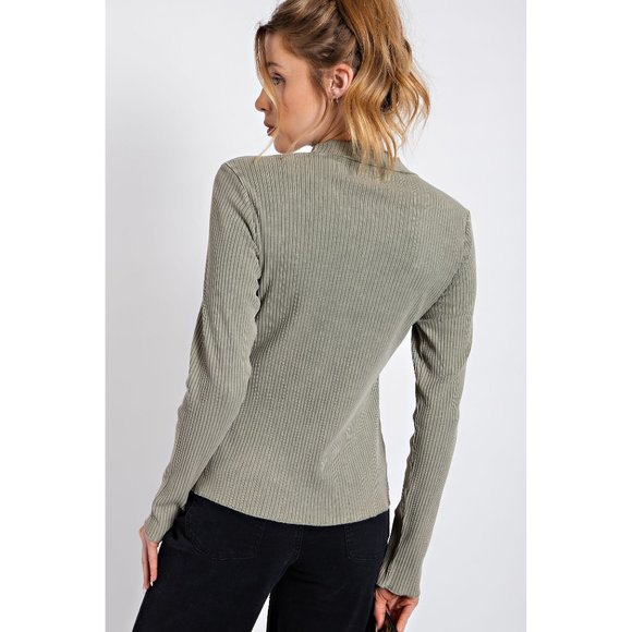 Easel Olive Mineral Washed Rib Knit Mock Neck Lettuce Trim Edge Fitted Slim Top - Picture 5 of 5